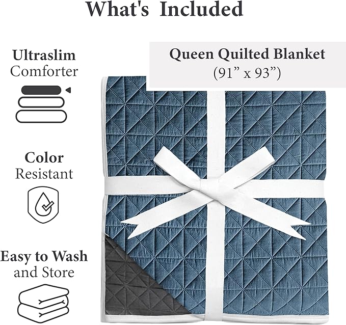 Vianney Queen Comforter Novo Cobalto 91x93 Inches Lightweight Reversible Blanket with Triangular Quilt Pattern Cozy Soft Bedding in Cobalt Blue and Dark Grey