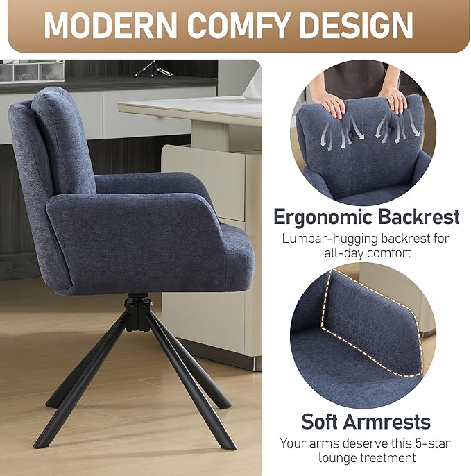 Fabric Dining Chair Set of 2 Modern Upholstered Swivel Dining Room Chairs Comfy Accent Armchair with Mid Back, Desk Arm Chair No Wheels for Kitchen/Living Room/Dining Room, Navy