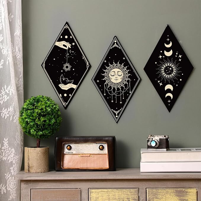 Sintuff 6 Pieces Halloween Gothic Wall Decor Boho Sun Moon Phases Wall Art Gothic Minimalist Stars Sun Hanging Wooden Home Decor Farmhouse Pediments for Gallery Living Bedroom Room(Boho)