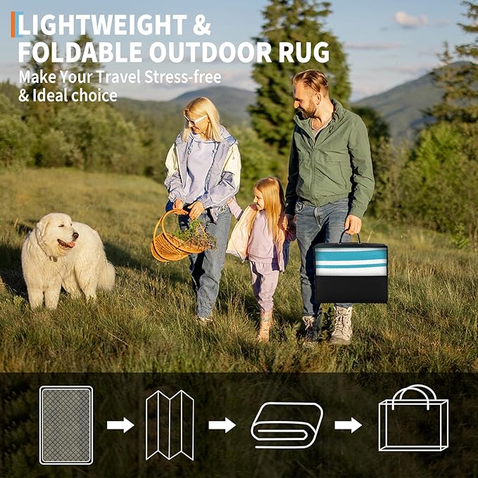 Outdoor Plastic Straw Rug 9x18 Waterproof Outside Rug, Large Modern Striped Reversible Floor Mats, Foldable & Lightweight Camping Carpet for Patio, Porch, Deck, Backyard, Balcony, Light Blue