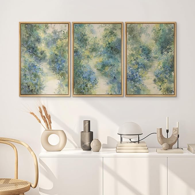 SIGNWIN Framed Canvas Print Wall Art Blue and Green Floral Impressionist Nature Scene Photography Modern Art Minimalist Black and White for Living Room, Bedroom, Office - 16"x24"x3 Natural