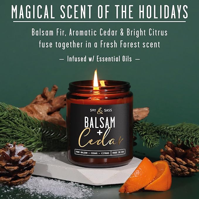 Balsam Candle, Christmas Candles Scented - 'Balsam + Cedar' Soy Candle, w/Balsam Fir, Cedar & Citrus - Infused with Essential Oils I Balsam Fir Candles I 9oz, 50Hr, Made in USA