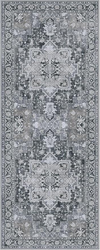 GENIMO 2x6 Runner Rugs for Hallway, Machine Washable Non Slip Vintage Rugs, Low Pile Lightweight Soft Print Rug for enrtyway, Corridor, Home Office, Kitchen,Dark Gray