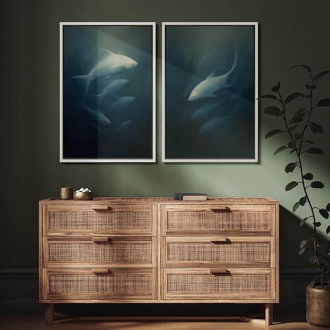 SIGNFORD Framed Canvas Print Wall Art Set Deep Sea Fish Serene Underwater Life in Dark Tones Illustration Modern Art Decorative Nordic Nature for Living Room, Bedroom, Office - 24"x36"x2 White
