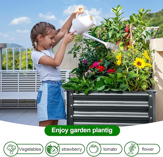 Land Guard Galvanized Raised Garden Bed with Legs, 48×24×32in Large Metal Elevated Raised Planter Box with Drainage Holes for Backyard, Patio, Balcony, 400lb Capacity(Grey)……
