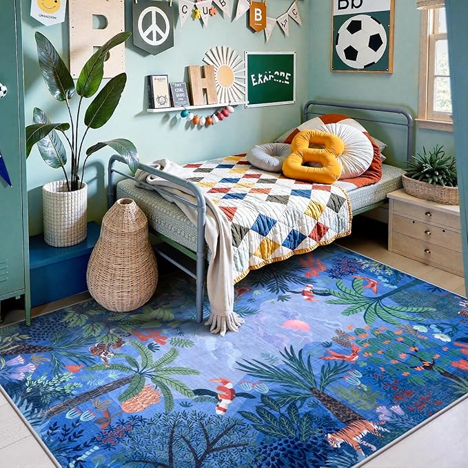 LIVEBOX Washable Jungle Animal Print 5x7 Blue Rug for Living Room, Non-Slip Kids Bedroom Rugs for Boy Playroom Kid Baby Room, Soft Stain Resistant Blue and Green Rug for Nursery Boy Dining