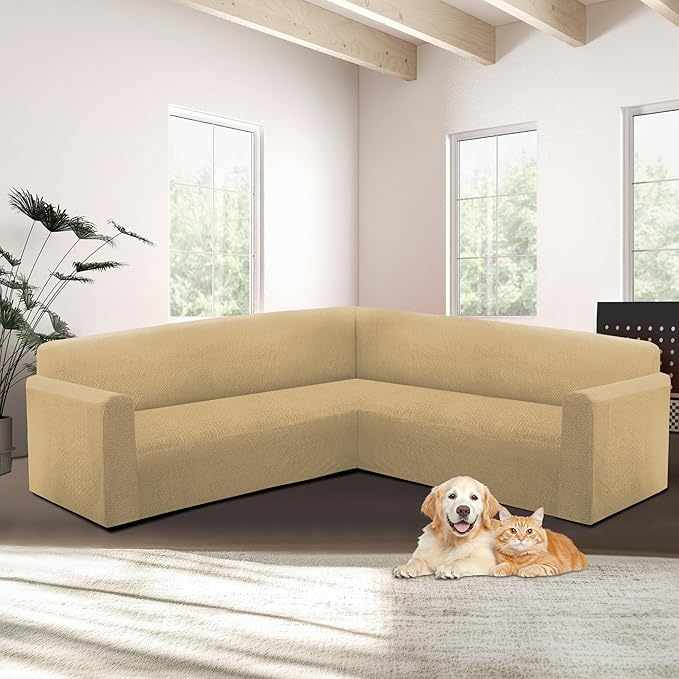 HDCAXKJ Sectional Couch Cover L Shape Stretch Sofa Covers Washable Jacquard Corner Couch Slipcover Non Slip Sectional Slip Cover U Shaped Furniture Protector for Pets Dogs (Tan, Small)