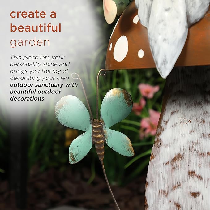 Alpine Corporation - Metal Gnome with Mushroom – 20" Tall Durable Iron Garden Statue, Whimsical Outdoor Décor for Patio, Lawn, Yard (Multicolor)