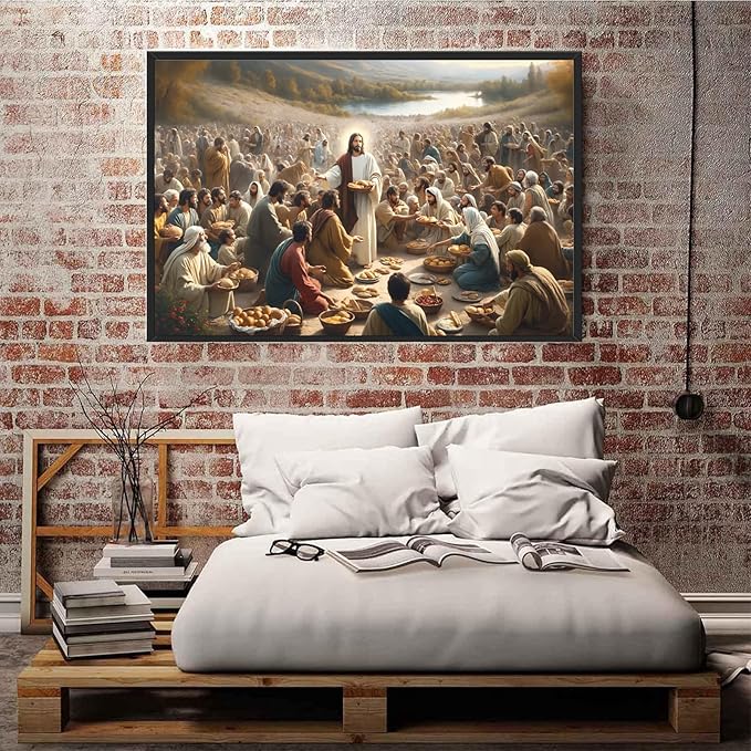 XWNLTEPK Jesus Feeding 5,000 People with Five Loaves and Two Fishes Miracle Mercy Canvas Art Wall Decor Poster Suitable for Bedroom Living Room Relaxation Room Confession Room