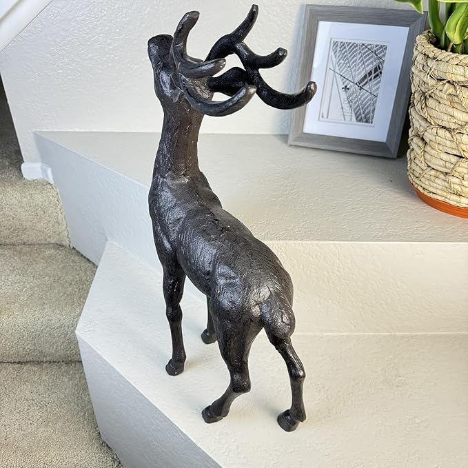 Cast Iron Deer Statue（22" Tall）, Realistic Large Antler Sculpture, Outdoor Garden Decor for Lawn Patio Yard, Indoor Home Art Figure HC5691
