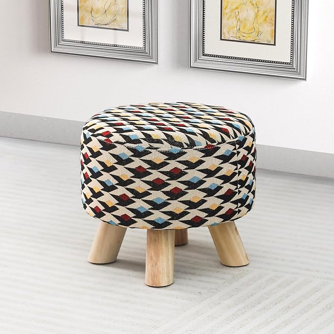 Asense Small Round Ottoman Foot Rest Stool Fabric Padded Seat Footstool Ottoman with Anti-Slip Wooden Legs (Multi-Color,Fabric)