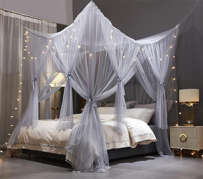 VETHIN 4 Corners Post Princess Bed Canopy Curtain Double Layer Cozy Drape Netting 4 Opening Mosquito Net for Girls & Adults Bedroom Decoration Accessories (Double Gray, 78" W*86" L*82"*H/(King))