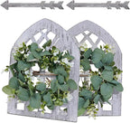 Rustic Wood Window Frame with Green Wreath and Arrows Wall Decor，Farmhouse Window Frame Hanging Decor, Wooden Fake Decoration,Window Pane Wall Decor,Set of 2 (windows white)