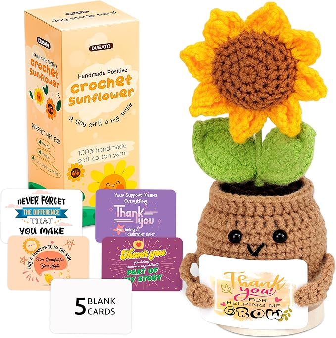 Crochet Sunflower Doll with Positive Cards – Emotional Support Stand with Magnetic Hands Hold Custom Cards - Thank You for Helping Me Grow Gift for Teachers, Coworkers & Friends