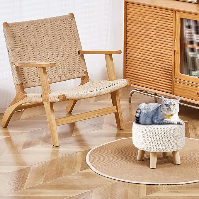 Wimarsbon Pouf Ottoman, 100% Cotton Knitted Boho Footstool, Round Footrest with Non-Skid Wood Legs, Home Décor Handmade Pouffe, Leisure Floor Step Stool for Living Room (Beige)