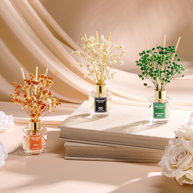 Airkeep Reed Diffuser Set of 3, Black Forest Eucalyptus Moss Citrus Oil Reed Diffusers for Bedroom Living Room Office Aromatherapy Oil Reed Diffuser for Gift 50ml x 3