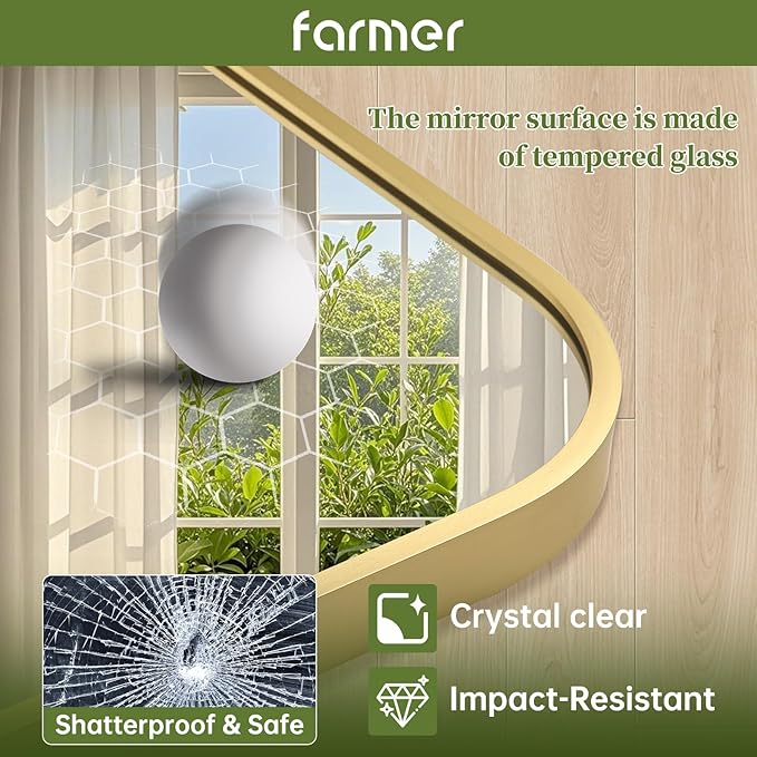 FARMER 24x36 Inch Gold Bathroom Mirror, Rectangle Vanity Mirror, Brushed Mirrors for Wall, Metal Frame Hanging Mirror with Round Corner for Bedrooms, Entryways, Living Rooms, Horizontal/Vertical