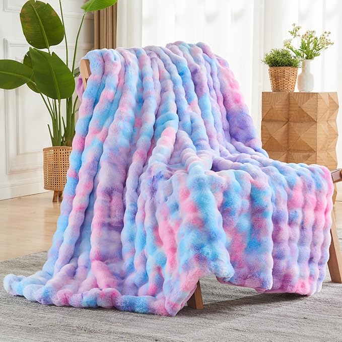 NEWCOSPLAY Faux Fur Twin Blanket Purple Rainbow Luxury Fluffy Thick Warm Bubble Blanket for Couch Sofa Bed 700GSM (Purple Rainbow, Twin(60"x80"))