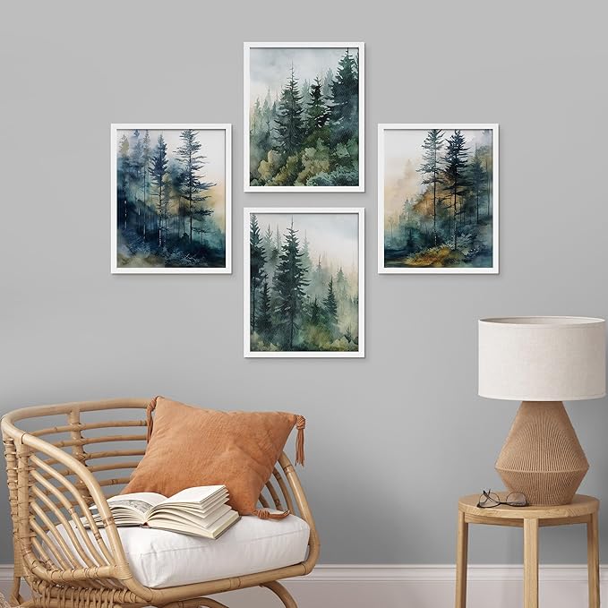 SIGNWIN Framed Poster Green & Teal Watercolor Forest Pine Trees Nature Wilderness Photography Realism Decorative Rustic Cozy Zen for Living Room, Bedroom, Office - 11"x14"x4 White