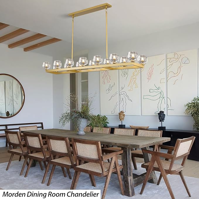 72 Inch Brass Rectangle Wagon Wheel Chandeliers, Gold Chandelier for Dining Room Over Table, Modern Crystal Long Chandelier for High Ceiling, Farmhouse Large Linear Chandeliers for Kitchen Island