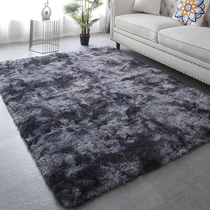 Fluffy Rug 8x10 for Living Room - Large Grey Plush Shag Area Rugs for Bedroom - Modern Non-Slip Soft Shaggy Floor Carpet for Home Dorm Kids Room (Black and Grey)