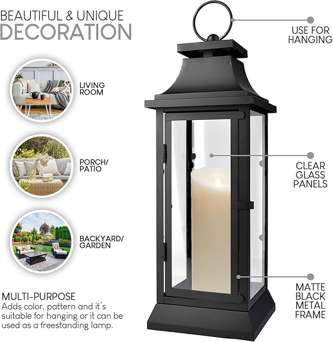 Serene Spaces Living Black Hurricane Lanterns with Clear Glass Panels, Perfect for Home Decor, Parties & Events, Table Top Or Hanging Lantern for Indoor & Outdoor, KIT - Small, Medium & Large
