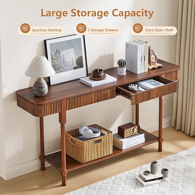 63”Console Table with 2 Drawers, Farmhouse Entryway Table with Fluted Panel & Storage Shelf,Narrow Long Behind Couch Tables Accent Sofa Table with Solid Wood Legs for Living Room Foyer Hallway(Walnut)