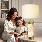 Natural Alabaster Table Lamps Set of 2,Table Lamp with Night Light for Living Room,Nightstand Lamp with USB Ports,Bedside Lamp with Linen Fabric Shade for Bedroom,Living Room,Office,Bar(Bulb Included)