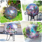 VCUTEKA Gazing Ball, Iridescent Crackled Glass Mosaic Gazing Balls Sphere for Garden Lawn Outdoor Ornament Yard Decorative, 10-Inch, Purple