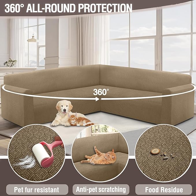 HDCAXKJ Sectional Couch Cover L Shape Stretch Sofa Covers Washable Jacquard Corner Couch Slipcover Non Slip Sectional Slip Cover U Shaped Furniture Protector for Pets Dogs (Brown Khaki, X-Large)