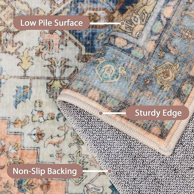 GENIMO 9x12 Area Rugs for Living Room, Non Slip Machine Washable Vintage Rugs, Low Pile Lightweight Chenille Print Large Rug for Bedroom, Dining Room, Home Office, Blue Brick Red