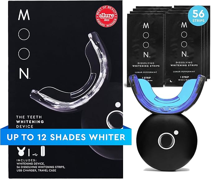 MOON LED Teeth Whitening Kit - Gentle Teeth Whitener Device, 56 White Strips, USB Charger & Travel Case - Blue Light Whitening Tray Removes Stains & Whitens Up to 12 Shades in 2 Weeks (4 Piece Kit)