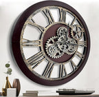 The B-Style Large Wall Clock 24 inch Moving Gear Wall Clock Oversized Vintage Farmhouse Wall Clocks for Living Room Decor Rustic Industrial Wood Clock (Cherry red and Bronze)