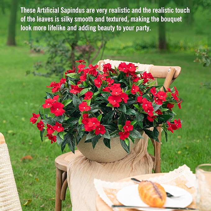 Uqueeten15.7” Fall Decorations for Home Fake Fall Flowers Fake Plants Artificial Impatiens Bouquet Flowers for Outdoors Silk Faux Flowers Impatiens Plants Decor Indoor Planters 8PCS (Red)