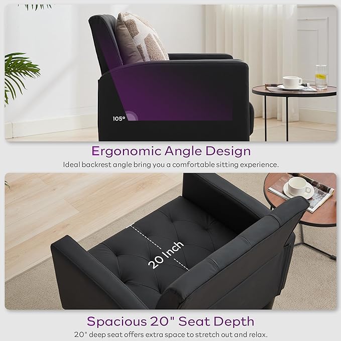 TYBOATLE Accent Chair Comfy Living Room Chair Black Leather Tufted Mid Century Modern Accent Chairs Small Cozy Reading Arm Chair for Office, Bedroom (1, Black)