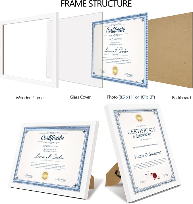 8.5x11 Diploma Frame with Tempered Glass, Multi Certificate 8.5 by 11 Photo Frame Bulk for Wall or Tabletop Display(White, 1 Pack)