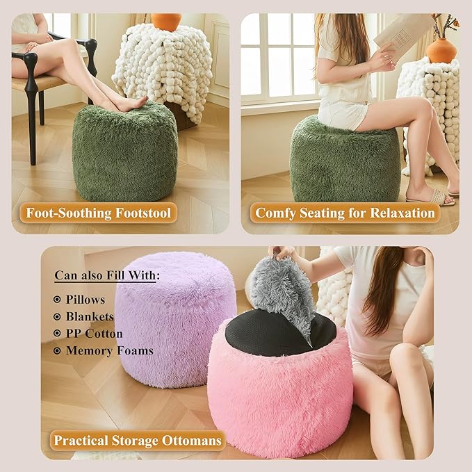 XeGe Fluffy Faux Fur Inflatable Pouf Ottoman, Cozy Portable Shaggy Fuzzy Foot Stool Moss, Plush Furry Foot Rest Floor Pouf, Round Ottoman Cushion for Living Room Bedroom Home Decor, Sage Green