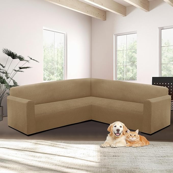 HDCAXKJ Sectional Couch Cover L Shape Stretch Sofa Covers Washable Jacquard Corner Couch Slipcover Non Slip Sectional Slip Cover U Shaped Furniture Protector for Pets Dogs (Camel, X-Large)