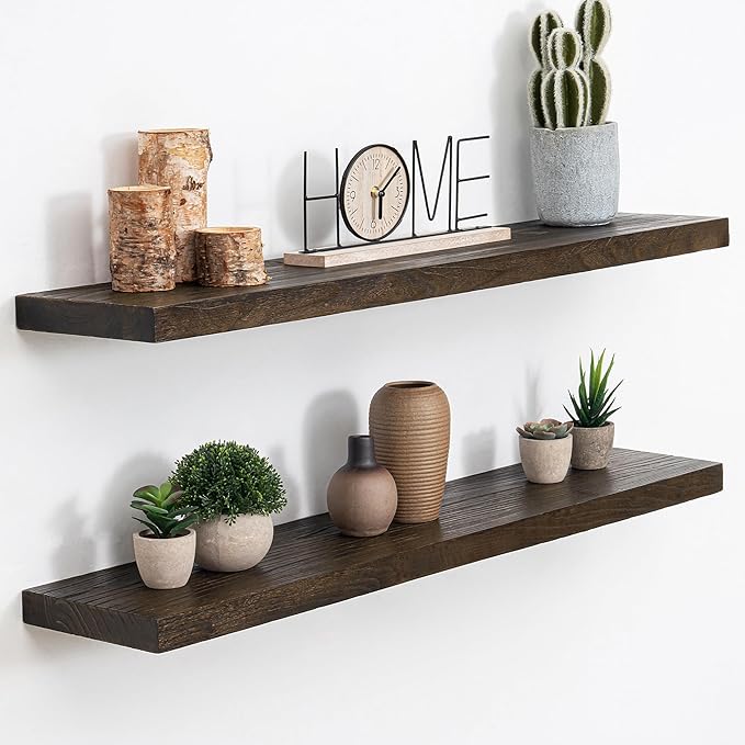 Floating Shelves, 8" Deep Rustic Solid Elm Wood Wall Mounted Floating Shelves, Wall Shelves with Invisible Bracket for Living Room Bathroom Bedroom Kitchen, 36 Inch Set of 2, Walnut