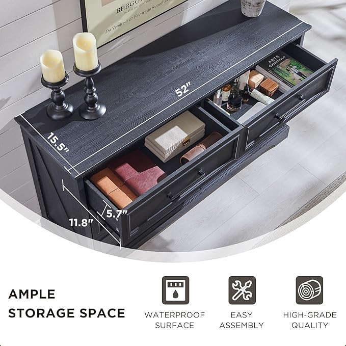 ACCOHOHO Farmhouse 6 Drawer Dresser for Bedroom, 52 Inch Wide Modern Dresser TV Stand with Large Drawers & Bar Handles, Rustic Wood Chest of Drawers for Bedroom, Living Room, Hallway, Black