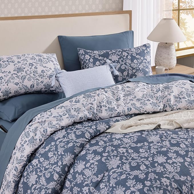 King Comforter Set -7 Pieces Floral Oxford Blue Comforter Set for All Seasons, Bed in a Bag King with Botanical Flowers Comforter, Sheets, Pillowcases & Shams
