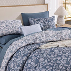 King Comforter Set -7 Pieces Floral Oxford Blue Comforter Set for All Seasons, Bed in a Bag King with Botanical Flowers Comforter, Sheets, Pillowcases & Shams