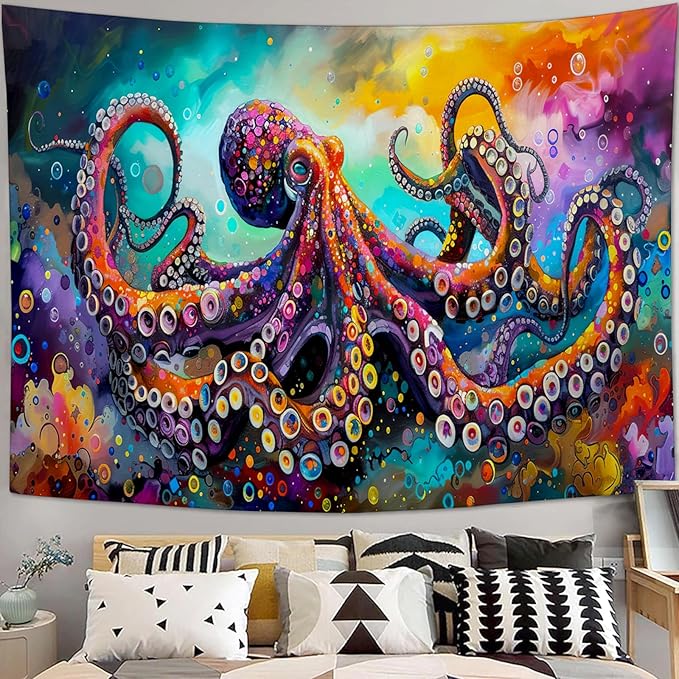 Octopus Tapestry Octopus Tapestries Ocean Navy Coastal Fabric Wall Hanging Aesthetic Space Indoor Outdoor Wall Art Tablecloth Bedspread for Bedroom Dormitory Living Room Home Decor 40"x60"