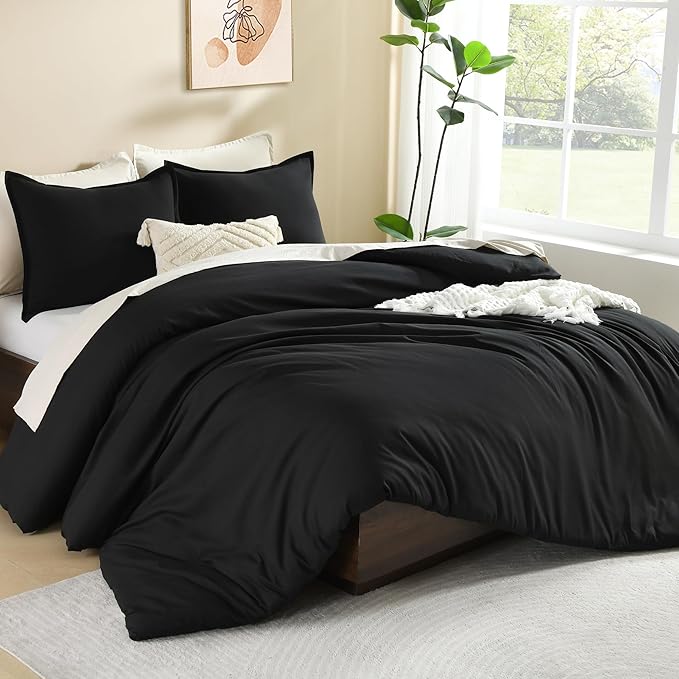 Litanika Comforters Black Oversized Queen Size, 3 Pieces Lightweight Solid Bedding Comforter Set, All Season Fluffy Bed Set (98x98In Comforter & 2 Pillowcases)