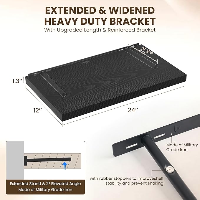 24" Floating Shelves for Wall, 12" Deep Slim Black Floating Shelves, Wall-Mounted Shelves for Bedroom, Living Room, Kitchen, Bathroom - Set of 2