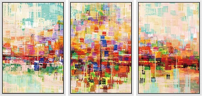 SIGNWIN Framed Canvas Wall Art Bright neon Color Buildings Block with Reflection Places Cityscape Oil Painting Abstract Modern Panoramic Colorful for Living Room, Bedroom, Office - 24"x36"x3 White