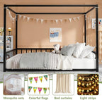 Canopy Floor Bed for Kids – Queen Size, Matte-Black Steel Frame with Safety Fence, Unisex Design for Boys & Girls, Box Spring Required, Quick Assembly (Queen)