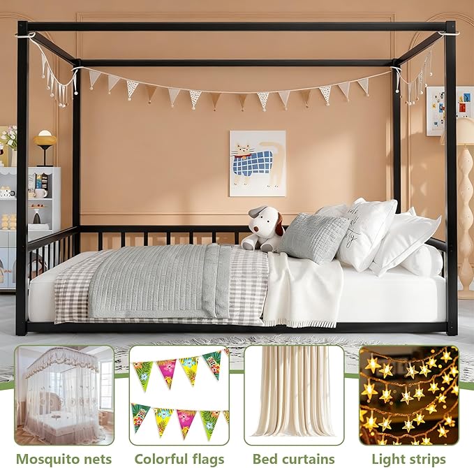 Canopy Floor Bed for Kids – Queen Size, Matte-Black Steel Frame with Safety Fence, Unisex Design for Boys & Girls, Box Spring Required, Quick Assembly (Queen)