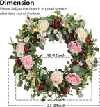 WANNA-CUL 24 Inch Large Spring Rose Wreaths for Front Door,Spring Front Door Wreath with Pink and Wine Red Floral Door Wreath with Eucalyptus Leaves for Wedding or Indoor&Outdoor Decorations