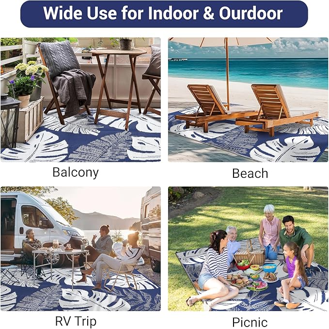 GAOMON Large Outdoor Plastic Rug 10x14 Waterproof Straw Rug Reversible Foldable Camping Mat with Stakes & Bag, Modern Tropical Leaf Farmhouse Outside Carpet for Patio RV Garden Deck, Blue